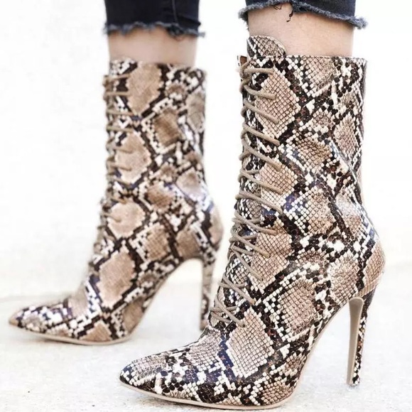 Snake Vegan Leather Lace Up Sexy Stiletto Boots - Picture 2 of 7